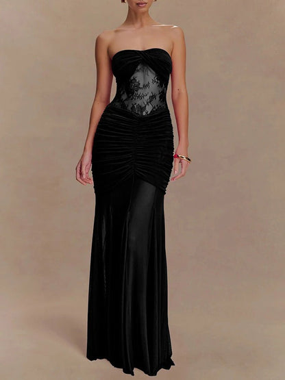 Strapless Sweetheart Lace Panel Ruched Bust Bodycon Maxi Gown