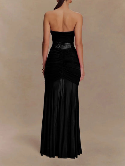 Strapless Sweetheart Lace Panel Ruched Bust Bodycon Maxi Gown