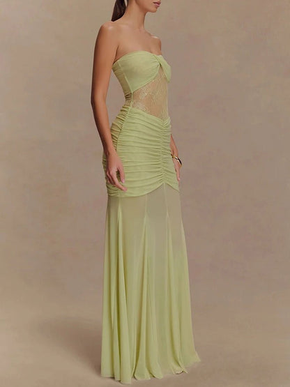 Strapless Sweetheart Lace Panel Ruched Bust Bodycon Maxi Gown