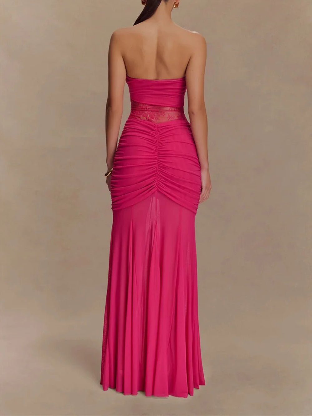 Strapless Sweetheart Lace Panel Ruched Bust Bodycon Maxi Gown