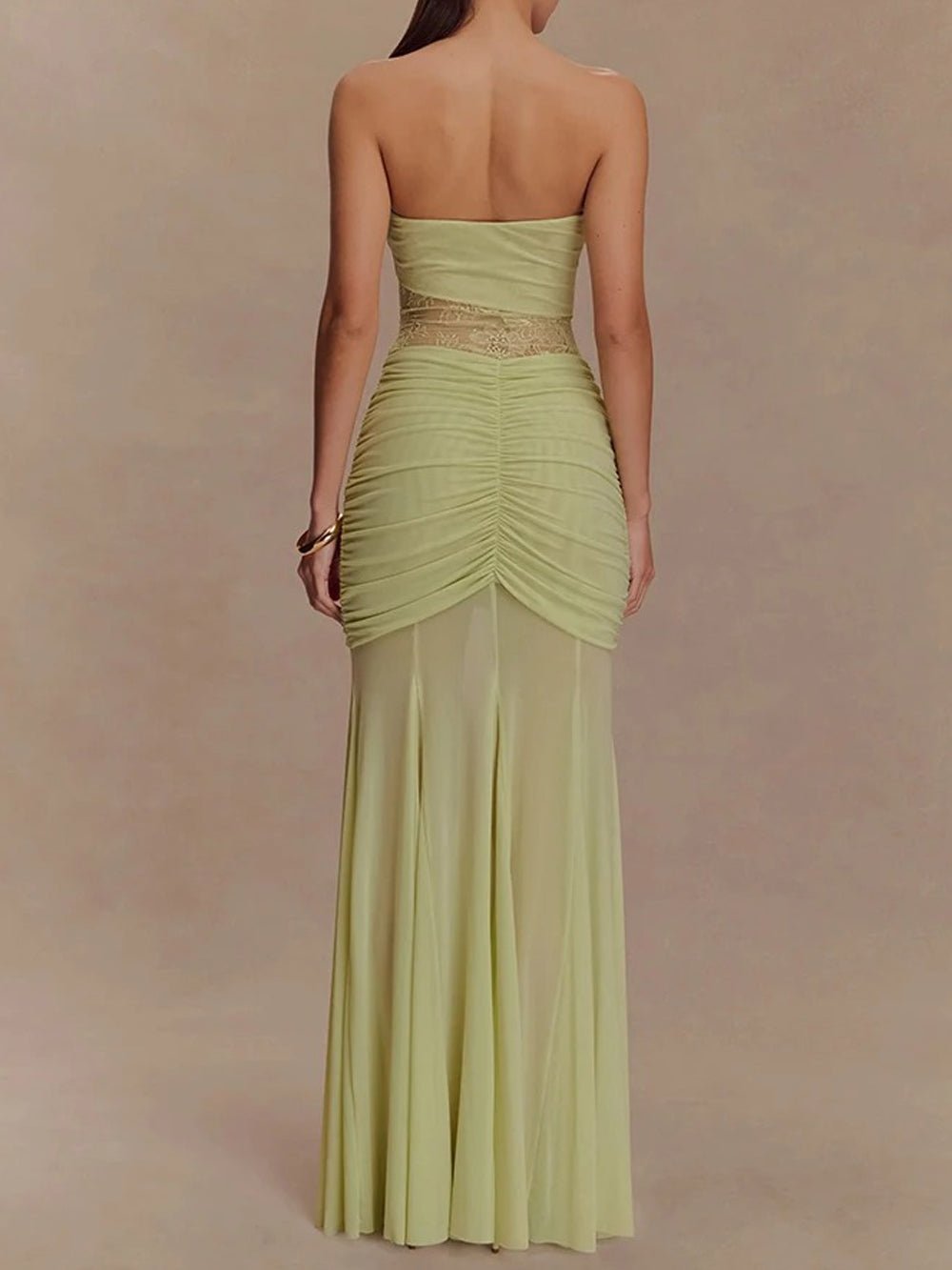 Strapless Sweetheart Lace Panel Ruched Bust Bodycon Maxi Gown