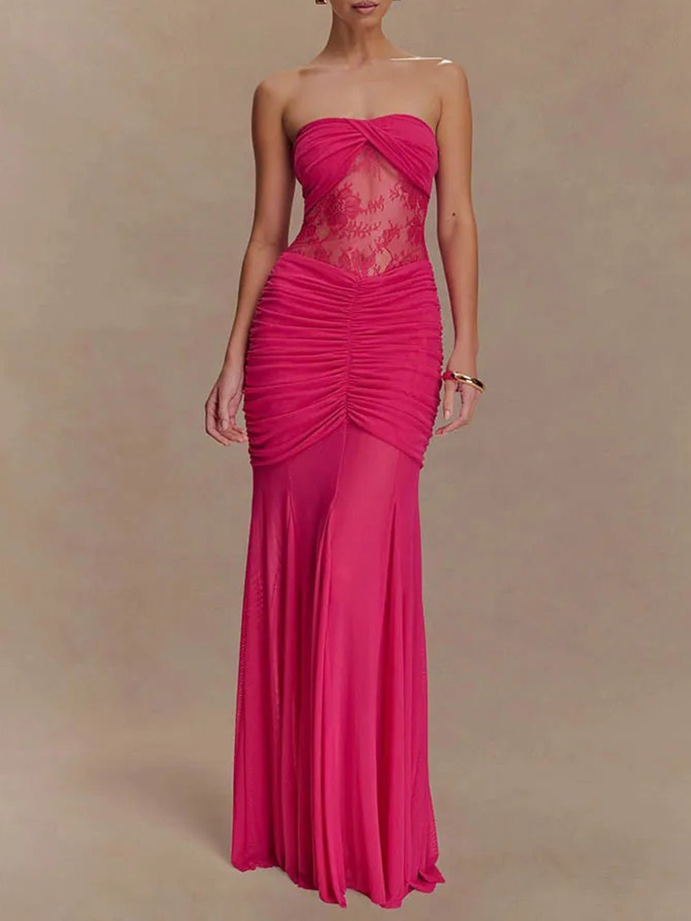 Strapless Sweetheart Lace Panel Ruched Bust Bodycon Maxi Gown