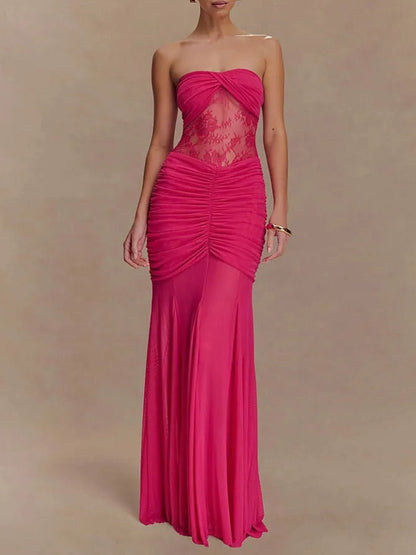 Strapless Sweetheart Lace Panel Ruched Bust Bodycon Maxi Gown