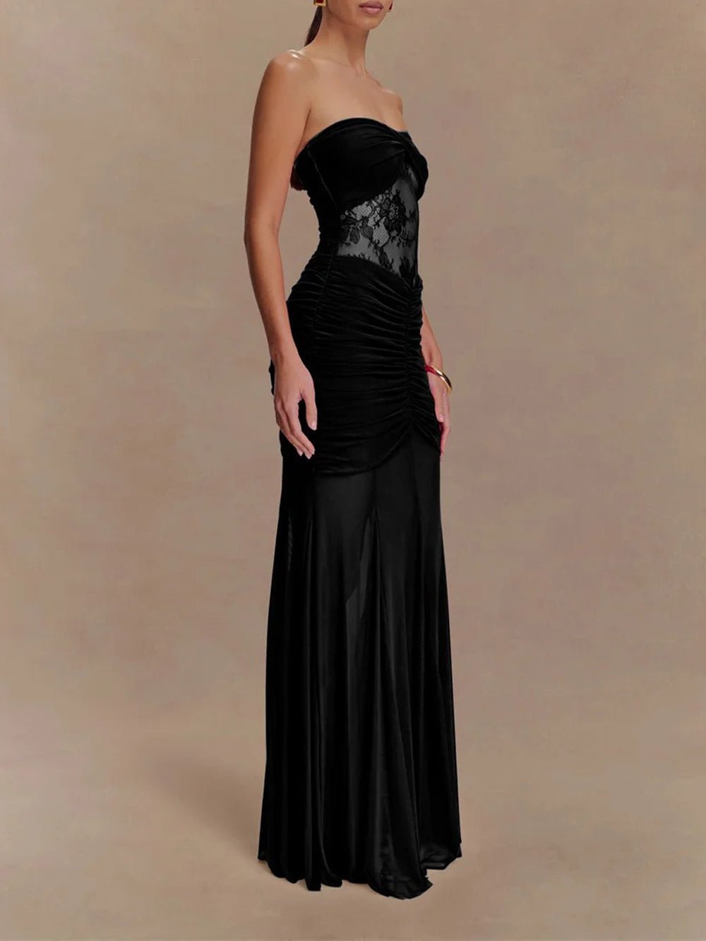 Strapless Sweetheart Lace Panel Ruched Bust Bodycon Maxi Gown