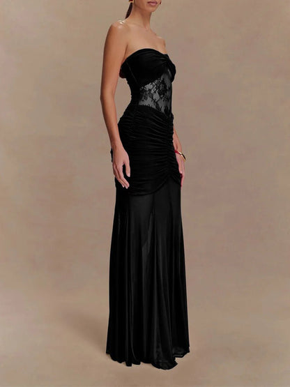 Strapless Sweetheart Lace Panel Ruched Bust Bodycon Maxi Gown