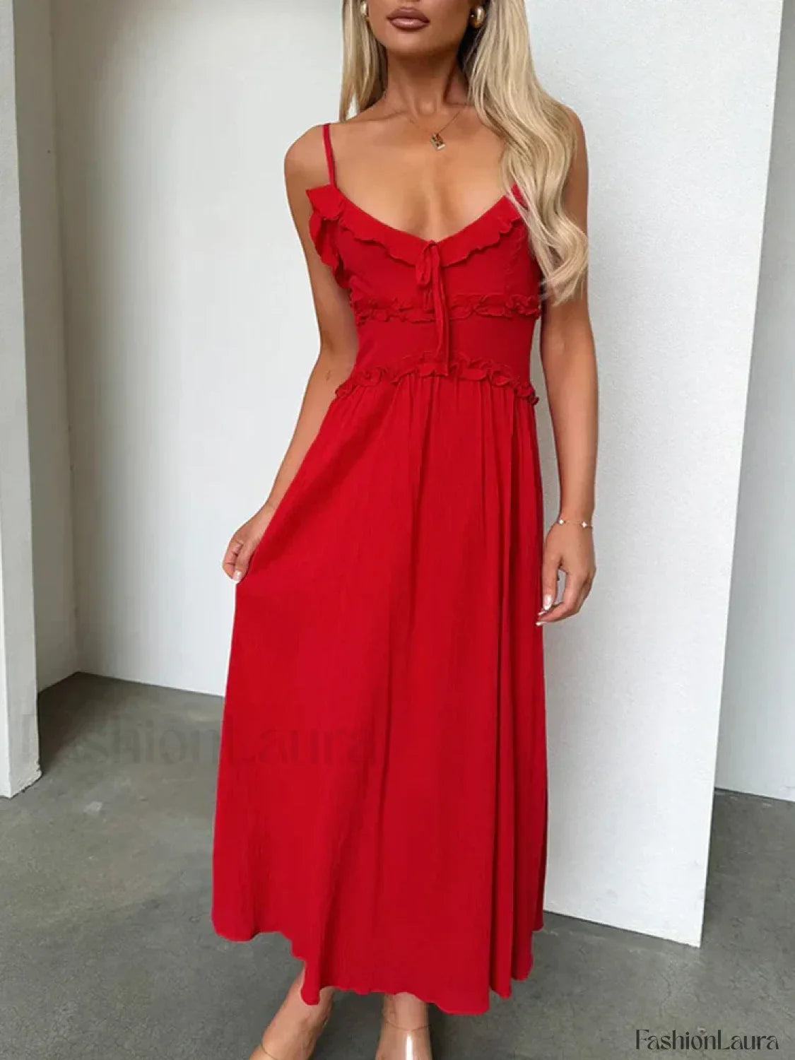 Red V-Neck Camisole Midi Dress