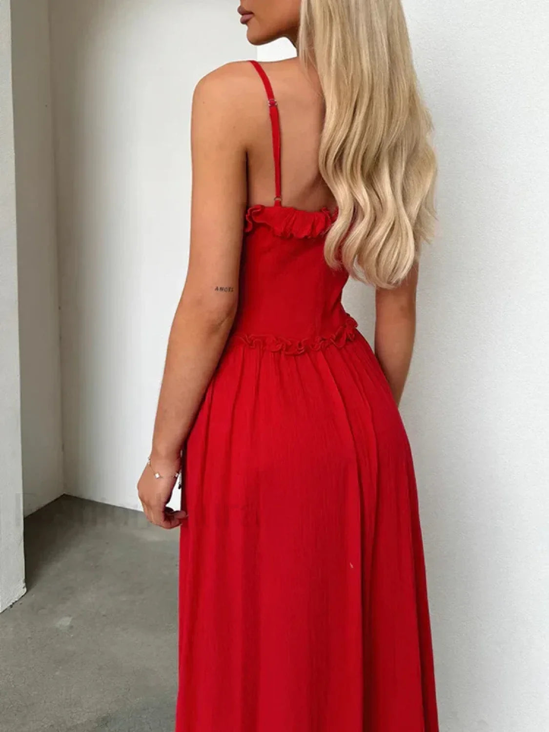Red V-Neck Camisole Midi Dress