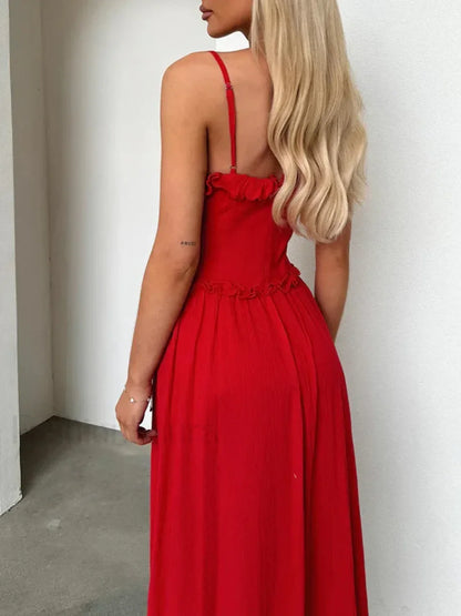 Red V-Neck Camisole Midi Dress