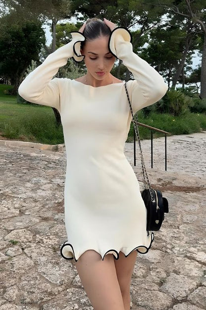 Sun Yellow Boat Neck Long Sleeve Lettuce Hem Ribbed Knit Bodycon Mini Dress