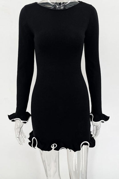 Sun Yellow Boat Neck Long Sleeve Lettuce Hem Ribbed Knit Bodycon Mini Dress
