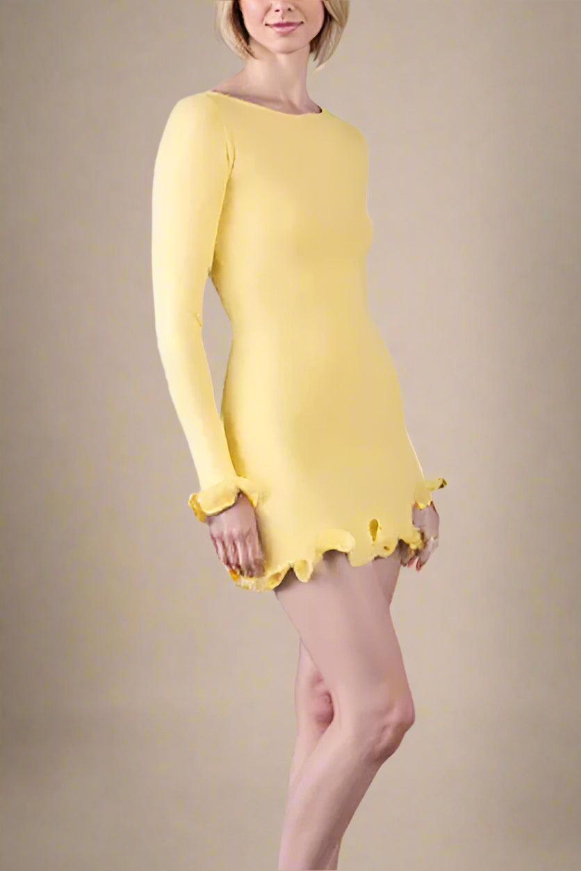 Sun Yellow Boat Neck Long Sleeve Lettuce Hem Ribbed Knit Bodycon Mini Dress