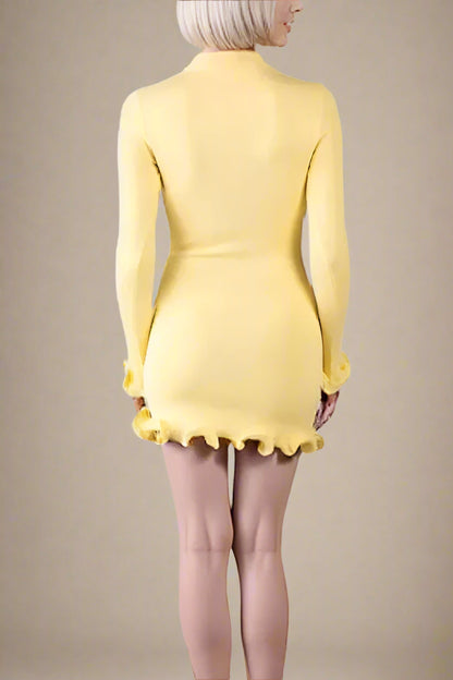 Sun Yellow Boat Neck Long Sleeve Lettuce Hem Ribbed Knit Bodycon Mini Dress