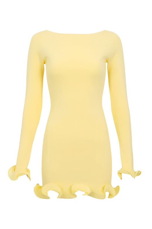 Sun Yellow Boat Neck Long Sleeve Lettuce Hem Ribbed Knit Bodycon Mini Dress