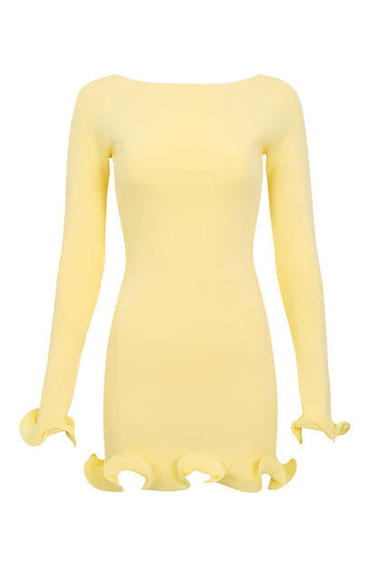 Sun Yellow Boat Neck Long Sleeve Lettuce Hem Ribbed Knit Bodycon Mini Dress