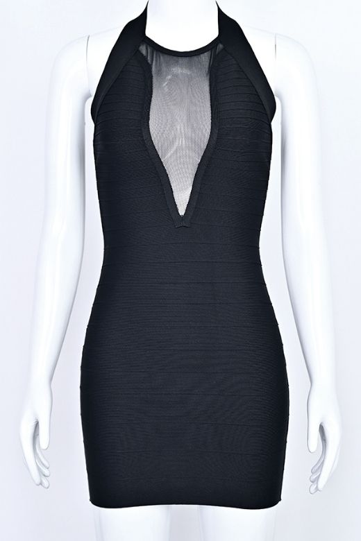 Classic Black Mesh V Cut Out Bandage Bodycon Mini Dress