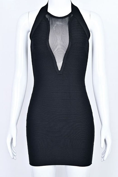 Classic Black Mesh V Cut Out Bandage Bodycon Mini Dress