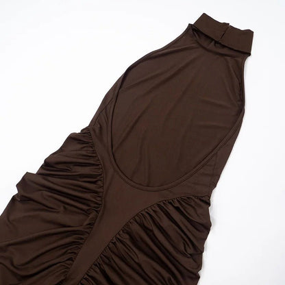 Brown Halter Turtleneck Sleeveless Ruched Bodycon Midi Dress