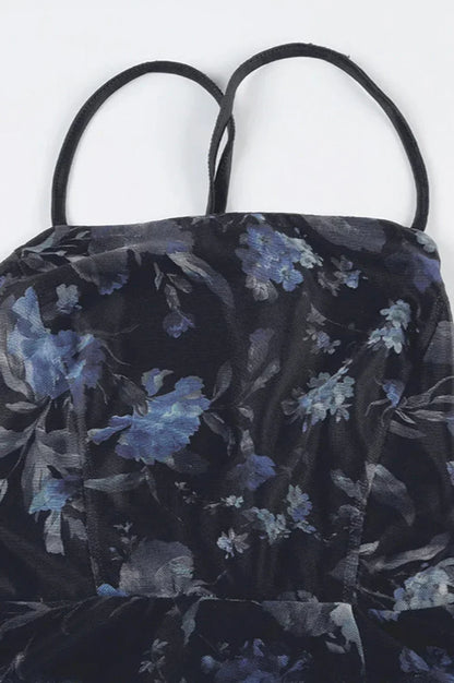 Retro Floral Strappy Backless High Split Pleated Maxi Dress