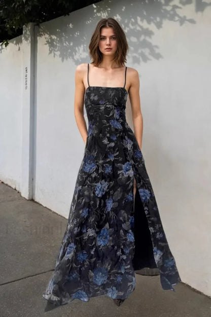 Retro Floral Strappy Backless High Split Pleated Maxi Dress