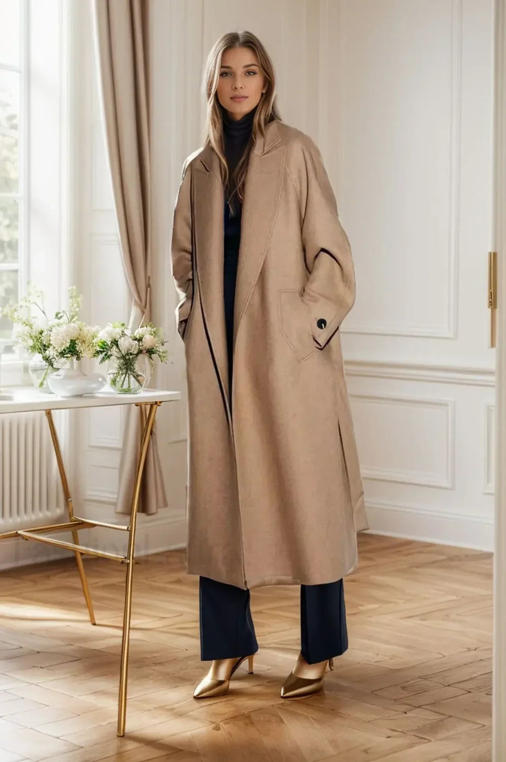 Retro Solid Woolen Coat Women Knee High Thick Turn-Down Overcoat
