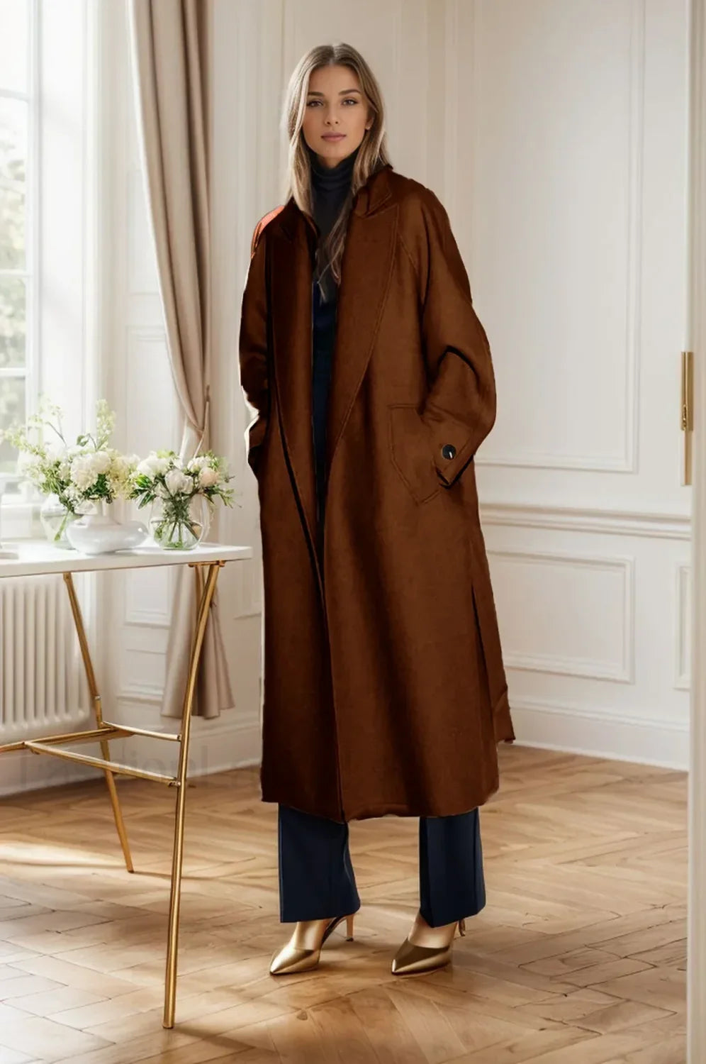 Retro Solid Woolen Coat Women Knee High Thick Turn-Down Overcoat