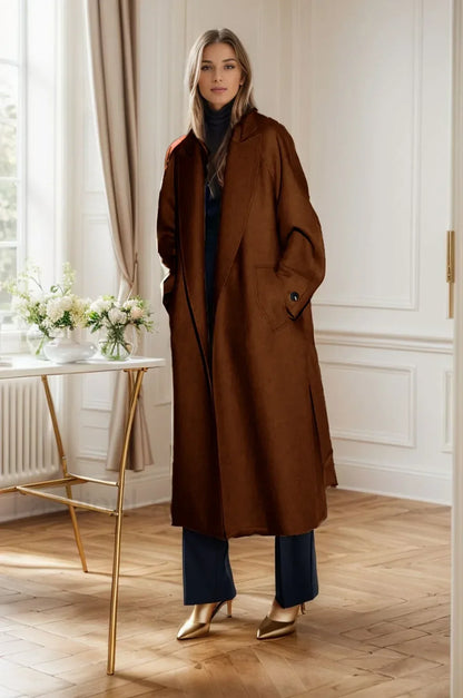 Retro Solid Woolen Coat Women Knee High Thick Turn-Down Overcoat