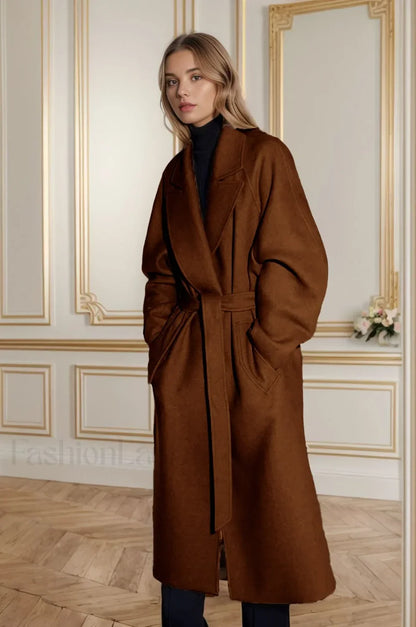 Retro Solid Woolen Coat Women Knee High Thick Turn-Down Overcoat
