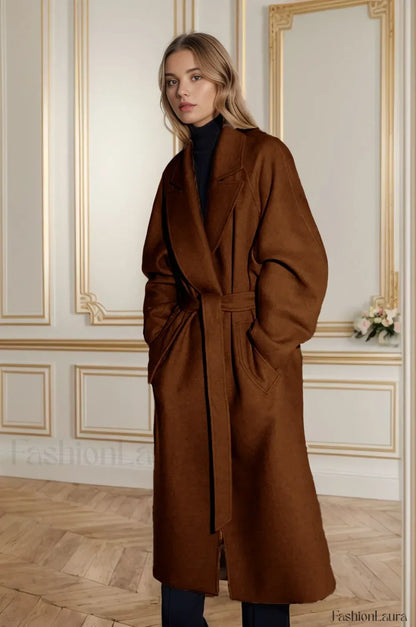 Retro Solid Woolen Coat Women Knee High Thick Turn-Down Overcoat