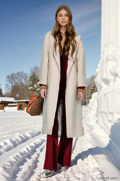 Retro Solid Woolen Coat Women Knee High Thick Turn-Down Overcoat
