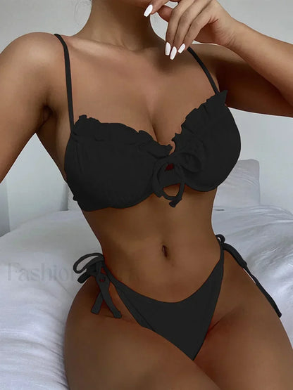 Ribbed Underwired Ruffled Frill Bikini Set