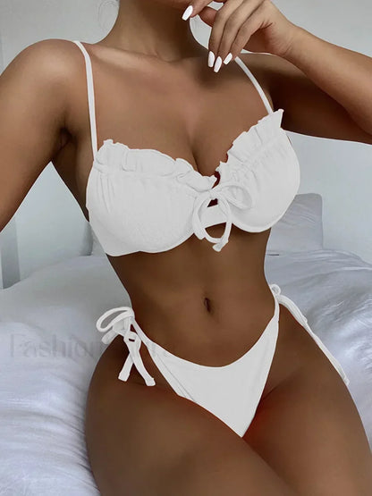 Ribbed Underwired Ruffled Frill Bikini Set