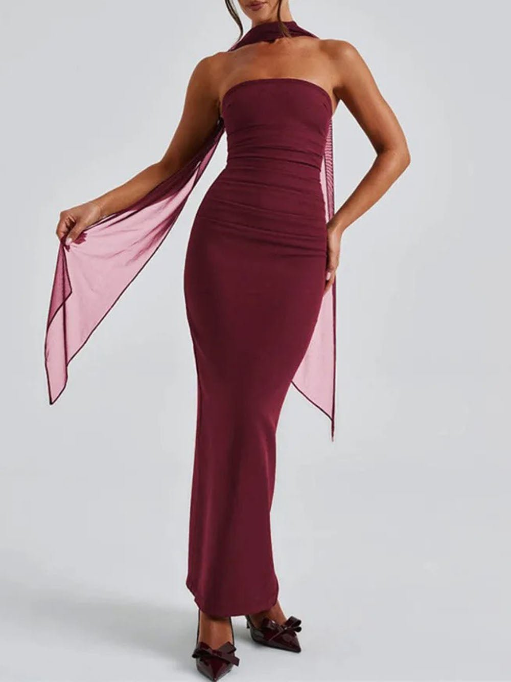 Strapless Straight Neck Column Bodycon Maxi Dress