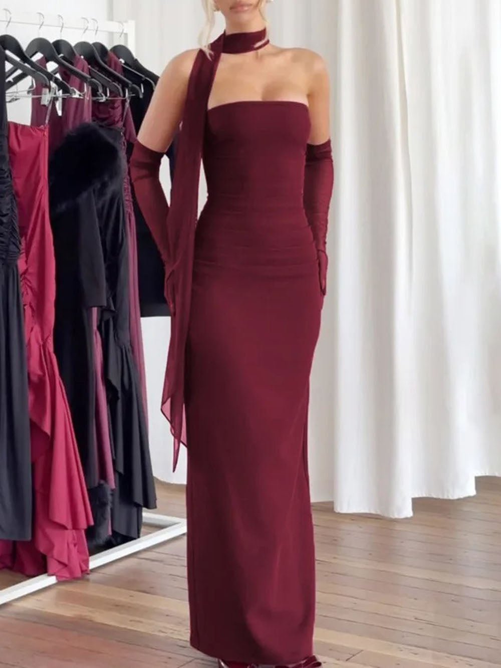 Strapless Straight Neck Column Bodycon Maxi Dress