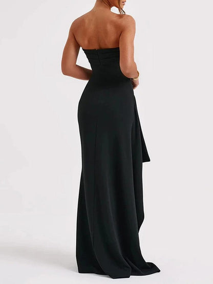 Black Strapless Ruched Draped Ruffle High Split Column Maxi Gown