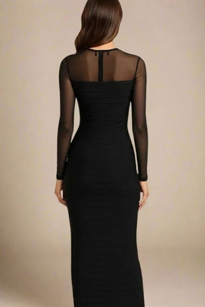 Classic Black Mesh Yoke Long Sleeve Bandage Maxi Dress