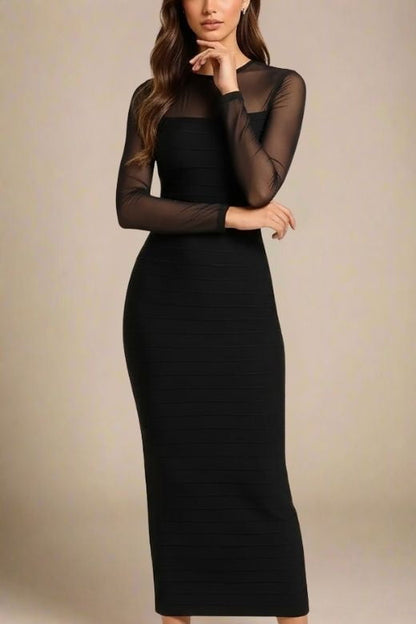 Classic Black Mesh Yoke Long Sleeve Bandage Maxi Dress