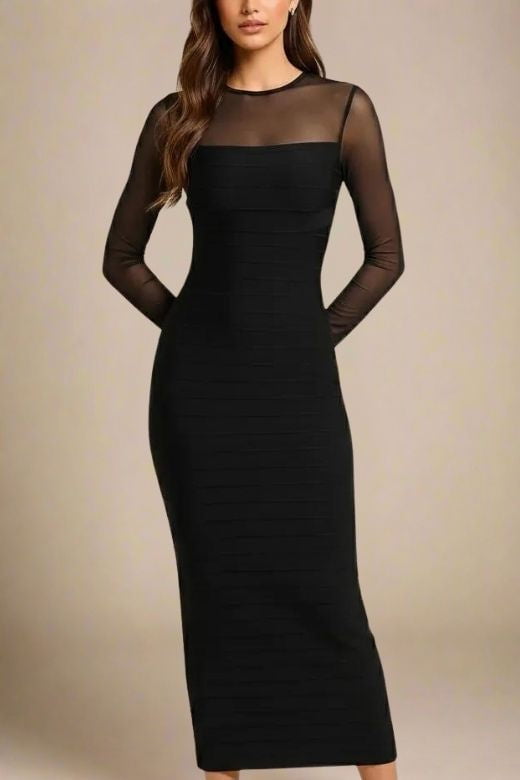 Classic Black Mesh Yoke Long Sleeve Bandage Maxi Dress