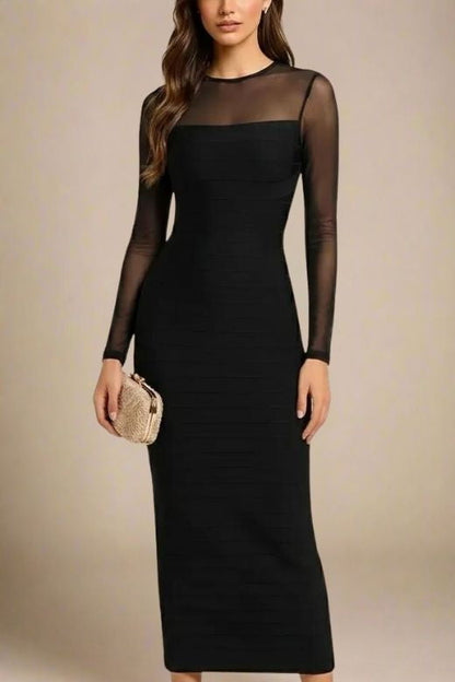 Classic Black Mesh Yoke Long Sleeve Bandage Maxi Dress