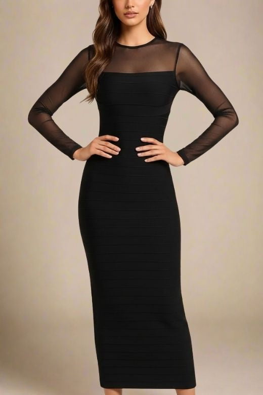 Classic Black Mesh Yoke Long Sleeve Bandage Maxi Dress