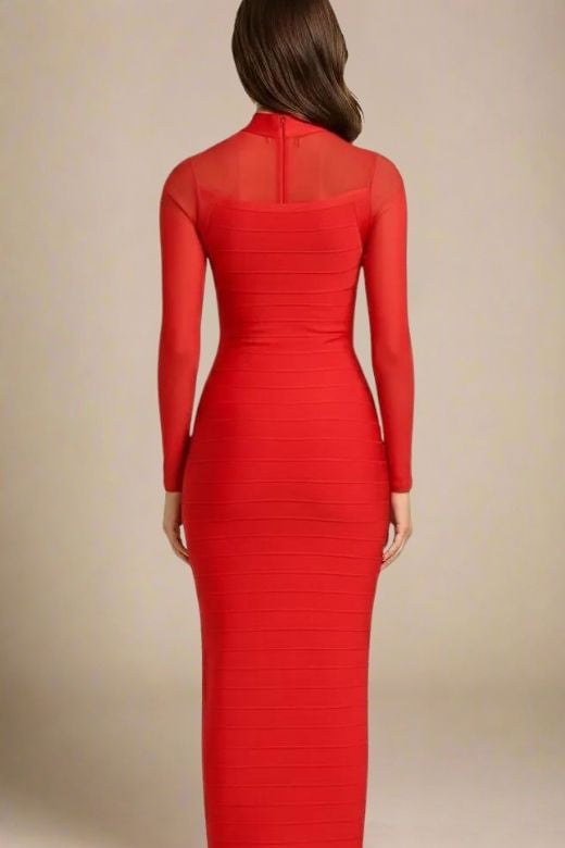 Lipstick Red Mesh Yoke Long Sleeve Bandage Maxi Dress