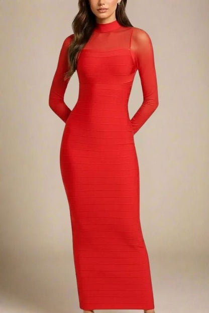 Lipstick Red Mesh Yoke Long Sleeve Bandage Maxi Dress