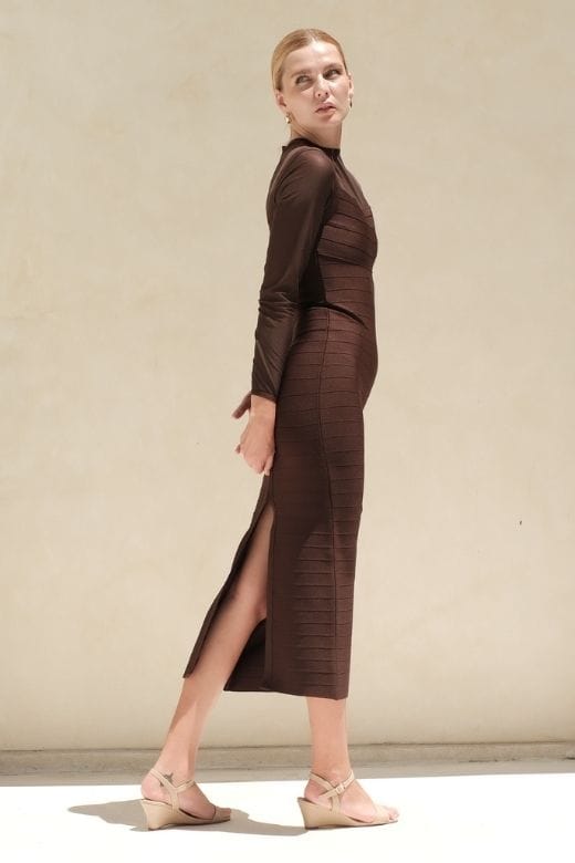 Tan Brown Mesh Yoke Long Sleeve Bandage Maxi Dress