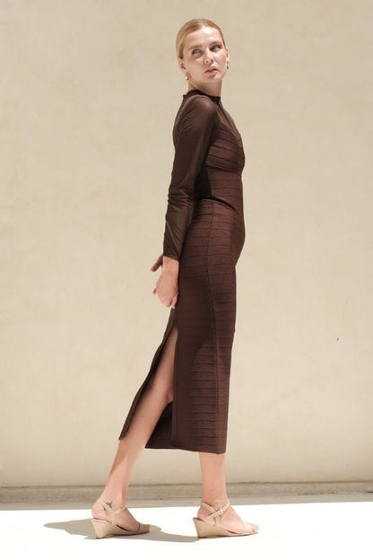 Tan Brown Mesh Yoke Long Sleeve Bandage Maxi Dress