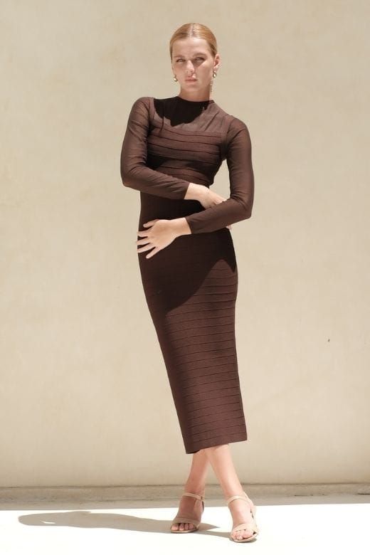 Tan Brown Mesh Yoke Long Sleeve Bandage Maxi Dress