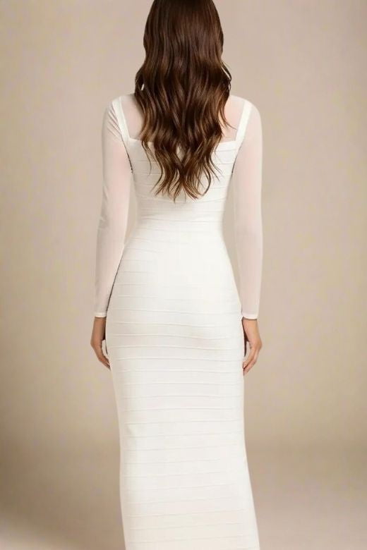 White Pearl Mesh Yoke Long Sleeve Bandage Maxi Dress