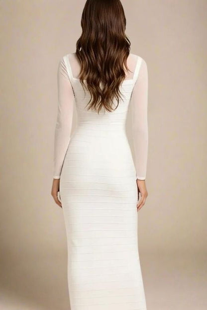 White Pearl Mesh Yoke Long Sleeve Bandage Maxi Dress