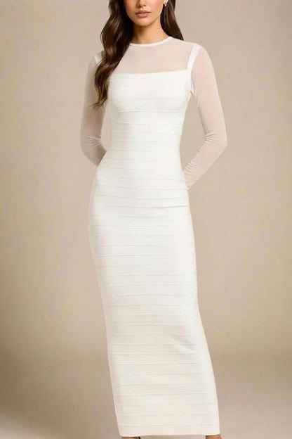 White Pearl Mesh Yoke Long Sleeve Bandage Maxi Dress