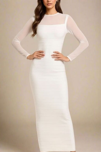 White Pearl Mesh Yoke Long Sleeve Bandage Maxi Dress
