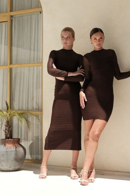 Classic Black Mesh Yoke Long Sleeve Bandage Maxi Dress