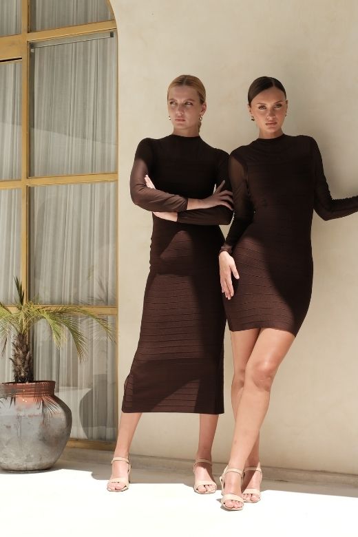 Tan Brown Mesh Yoke Long Sleeve Bandage Mini Dress